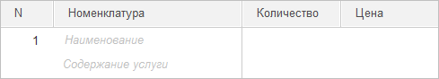 Общий заголовок Номенклатура и подсказки в незаполненных ячейках